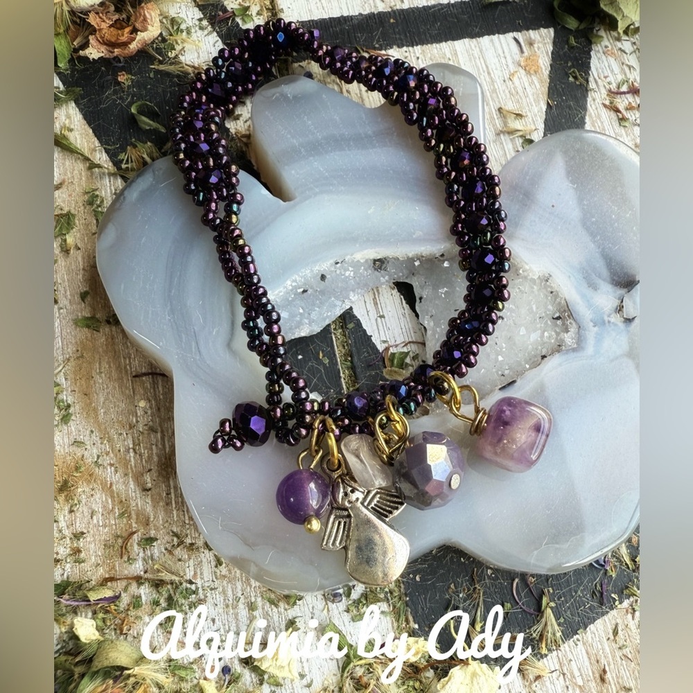Amethyst gemstones in black adjustable cord/unisex amethyst charms bracelet